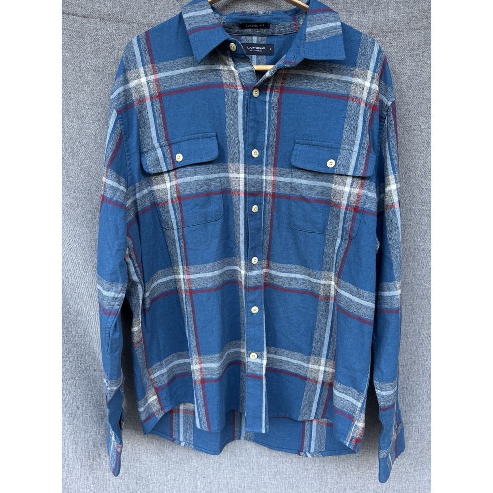NEW Lucky Brand Shirt Mens Large Blue Gray Plaid Flannel‎ Button Up Long Sleeve